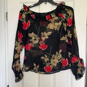 100% SILK The Limited Black Sheer Blouse with Red and Tan Floral Design